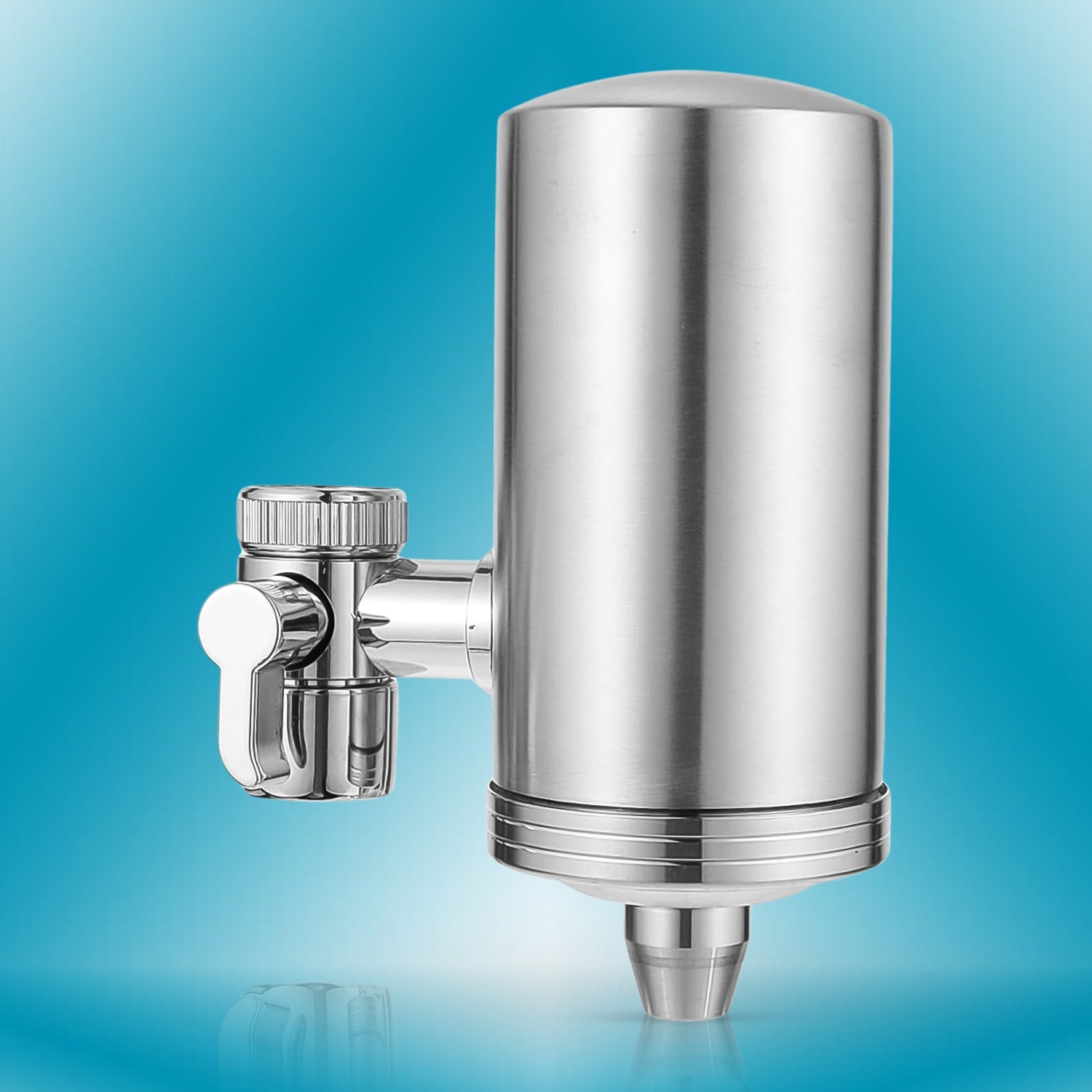 304 stainless steel faucet mount water filter installed on a kitchen sink