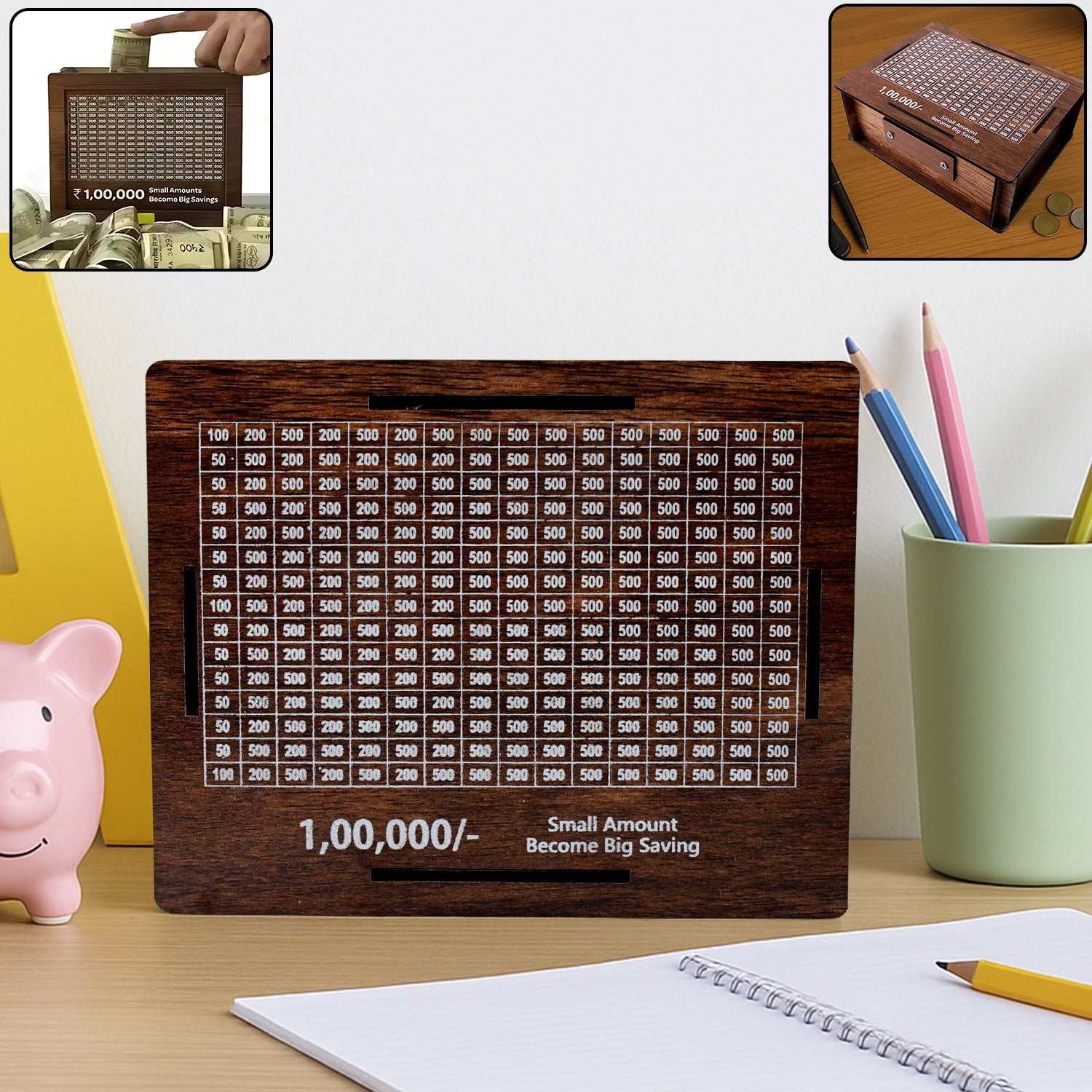 Wooden piggy bank money box with carved design front view