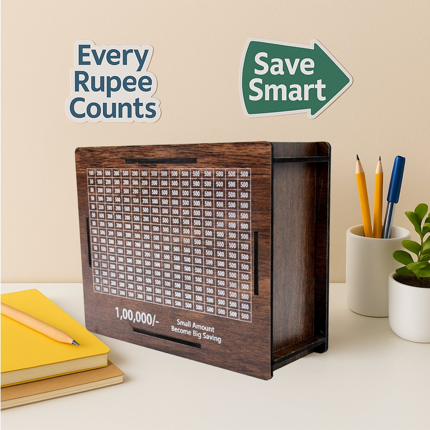 Wooden piggy bank money box packaging and branding