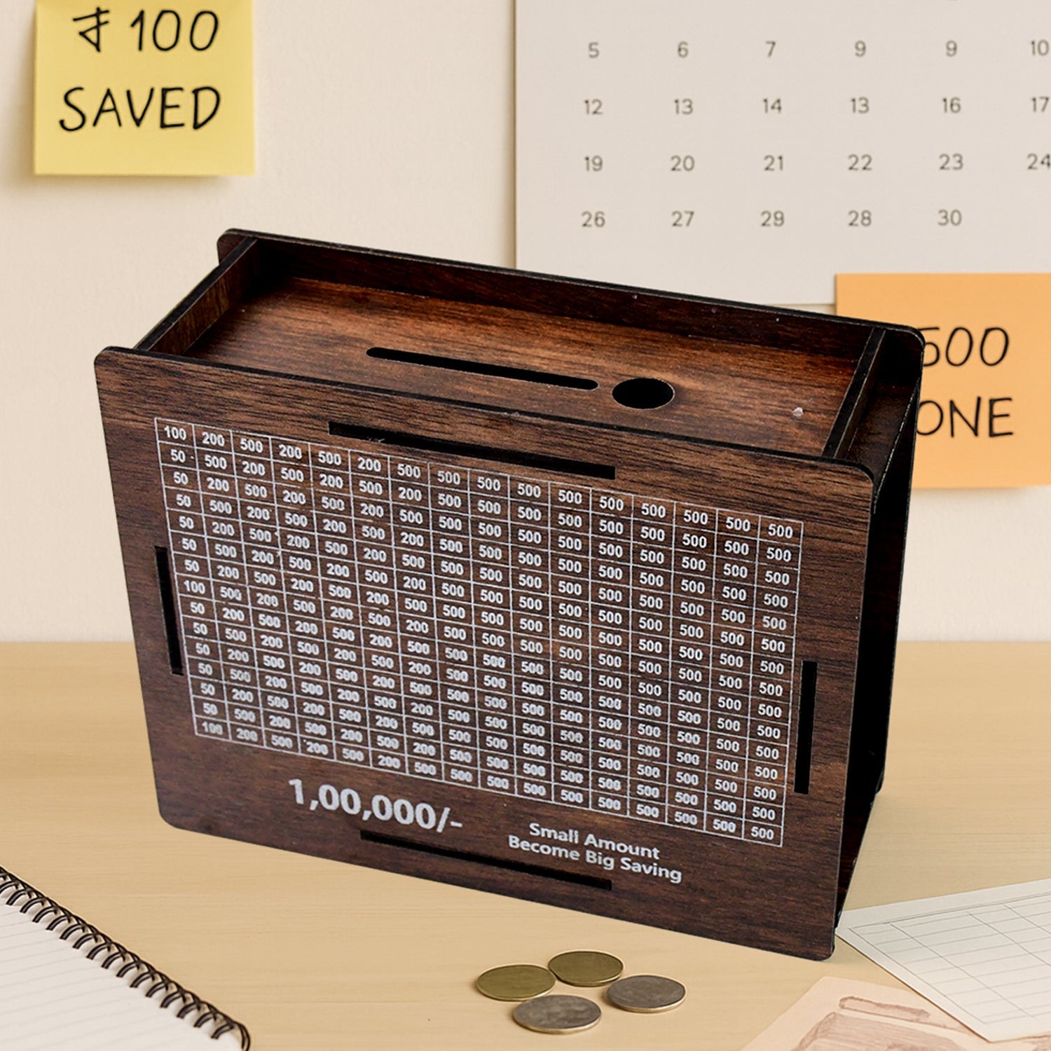 Side view of wooden piggy bank with coin slot