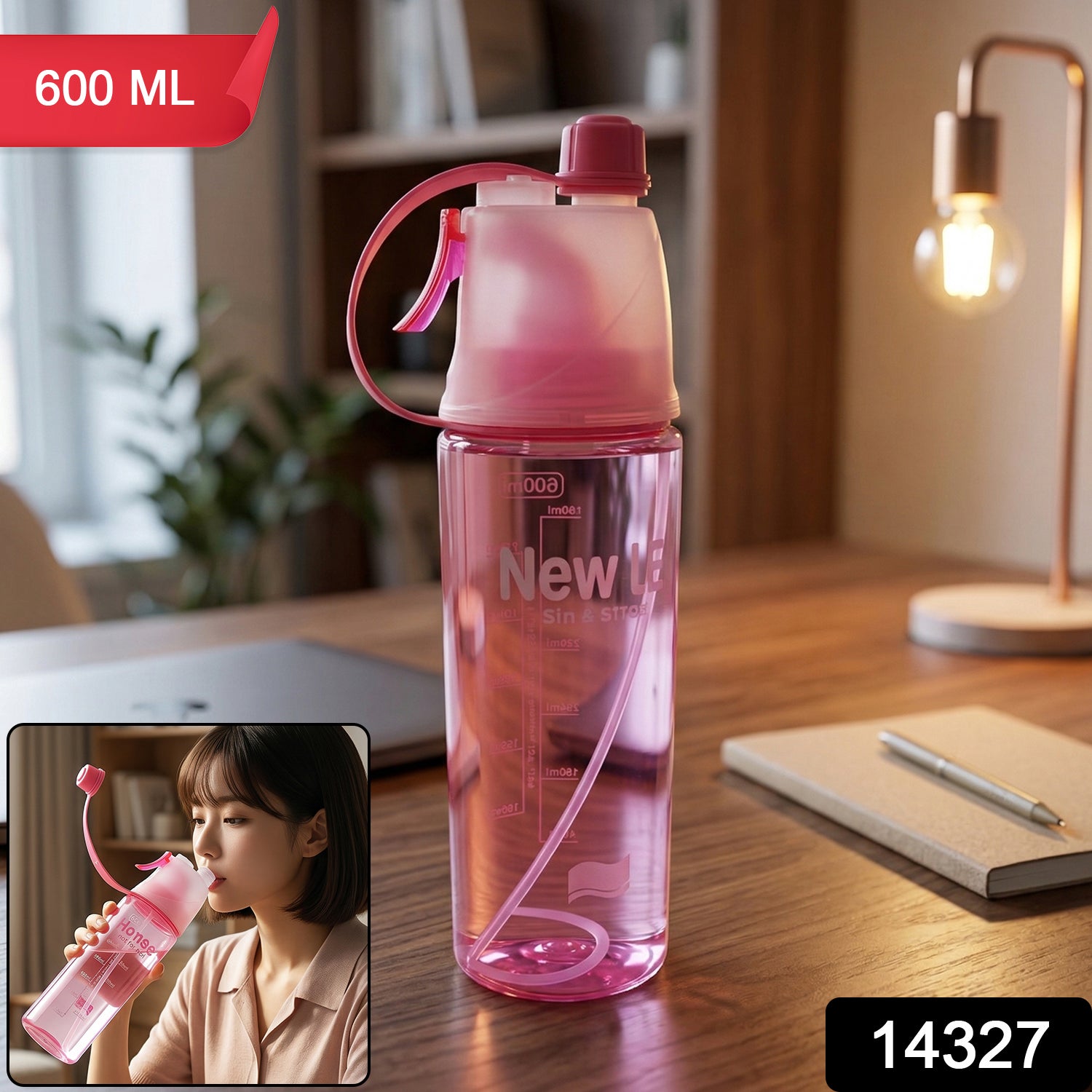 Plastic Dual Function Sports Water Bottle with Built-in Mist Spray and Leakproof Cap (600ML / 1 Pc)
