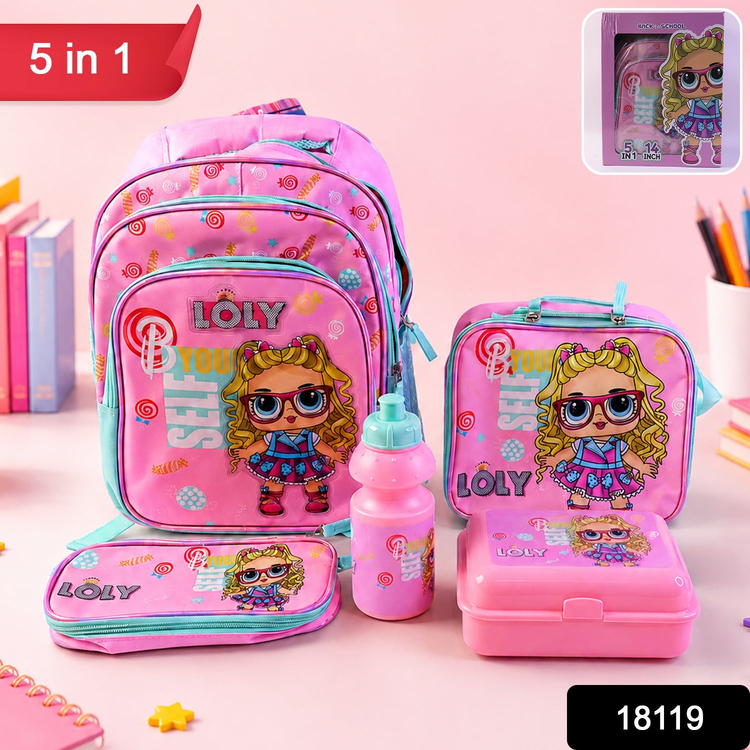 5 in 1 School Bag Set Includes Lunch Bag 14 Inch Bag  1 Set Mix