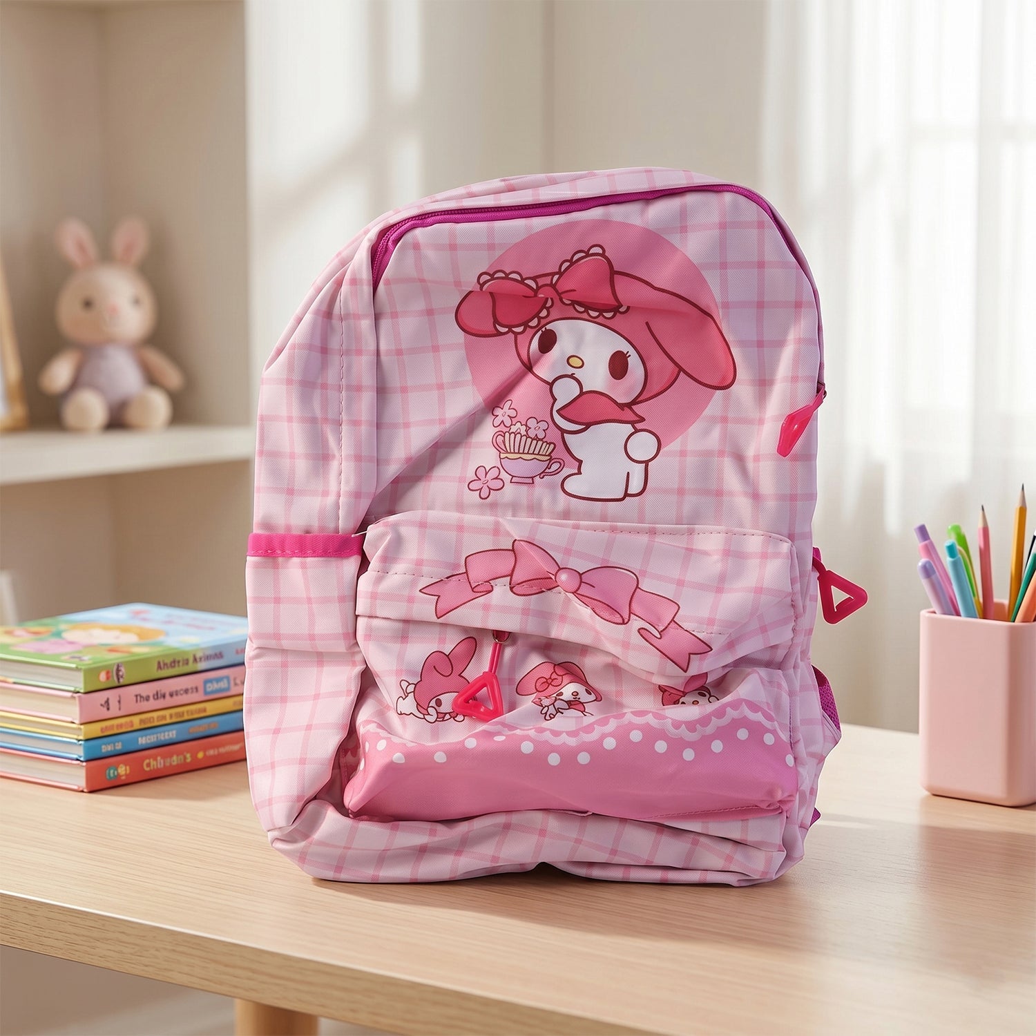 Back view of My Melody bunny backpack for preschoolers
