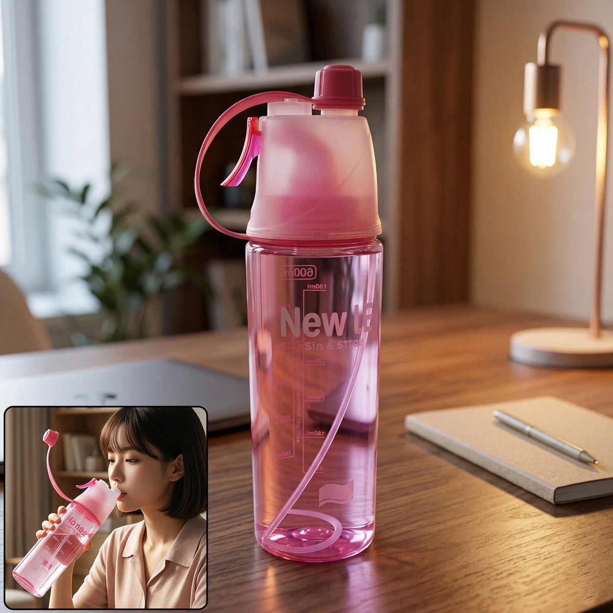 Plastic Dual Function Sports Water Bottle with Built-in Mist Spray and Leakproof Cap (600ML / 1 Pc)