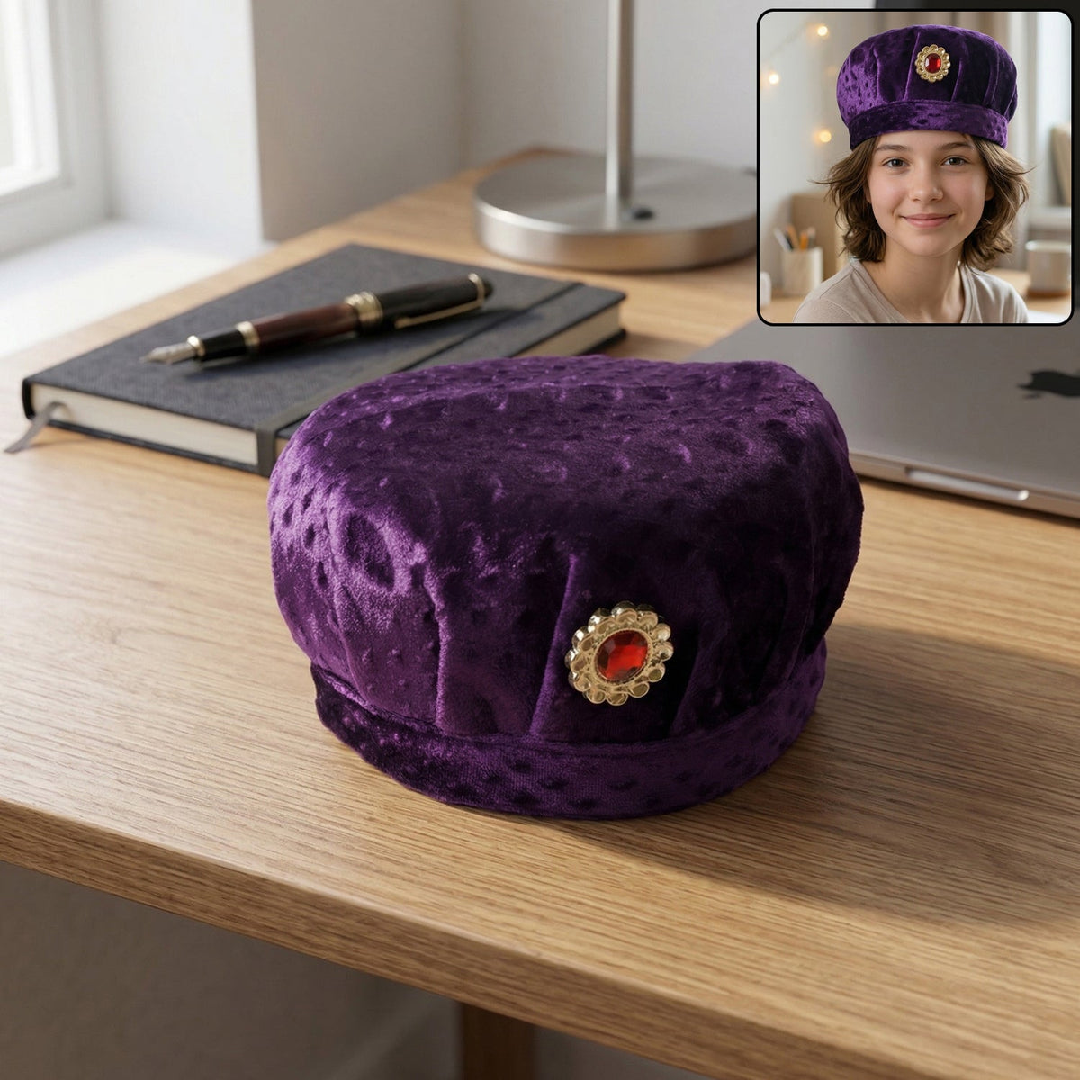 Premium Soft Velvet Traditional Boys Cap with Stone Brooch front view