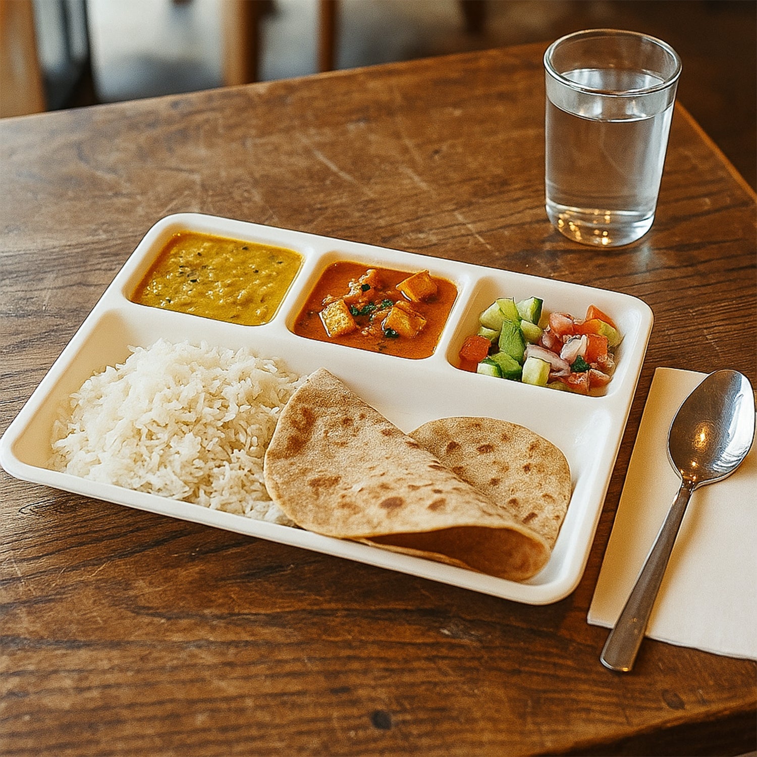 Plastic 4-Compartment Rectangular Meal Serving Tray / Plate (1 Pc / White)