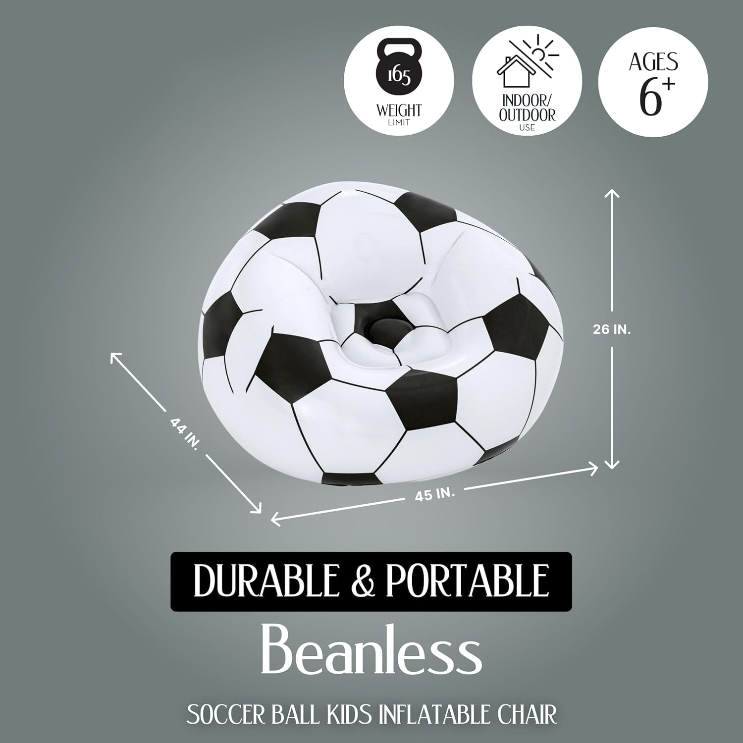 Size indicator showing 110 x 80 cm inflatable soccer ball lounge