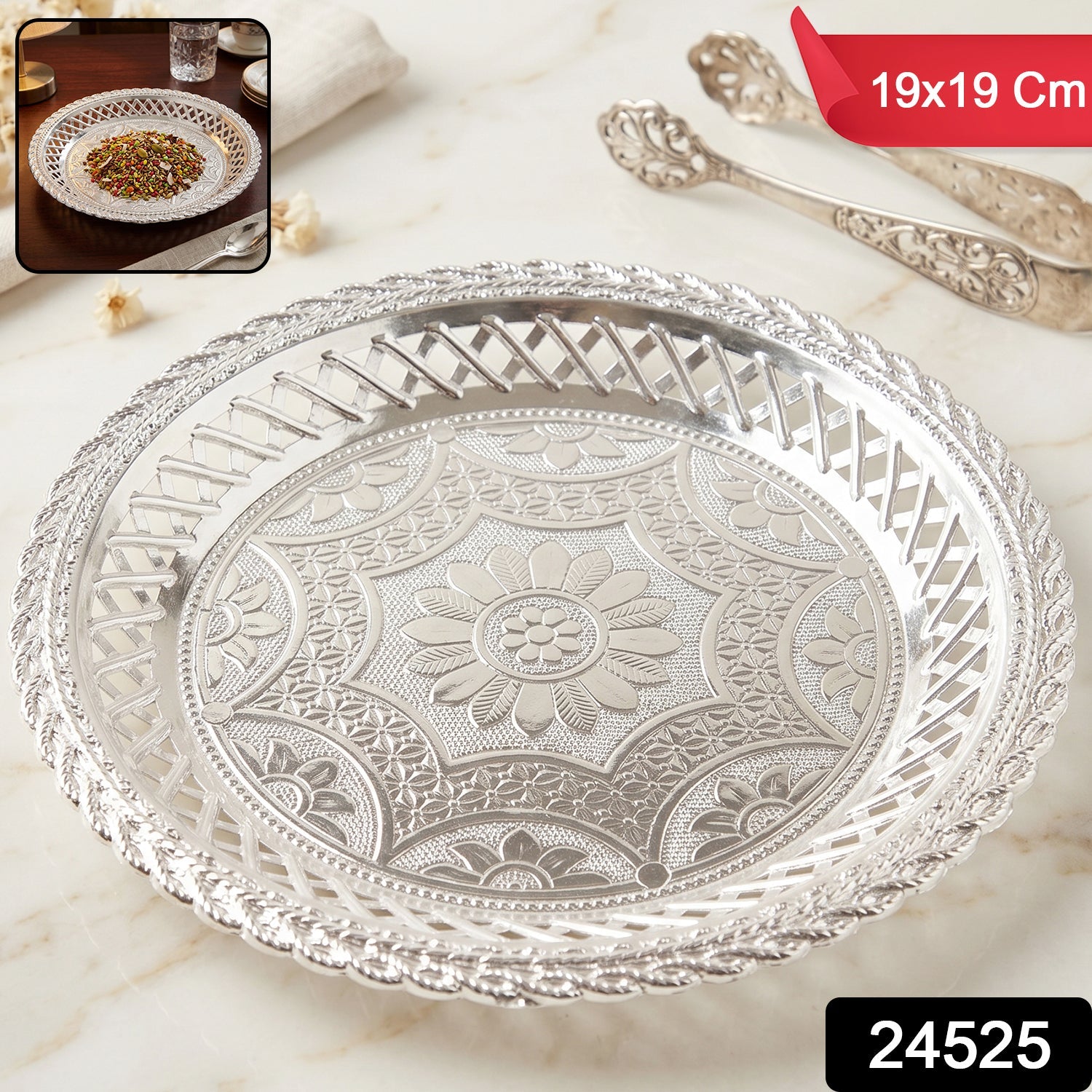 Decorative silver tray for serving dry fruits, sweets, and mukhwas