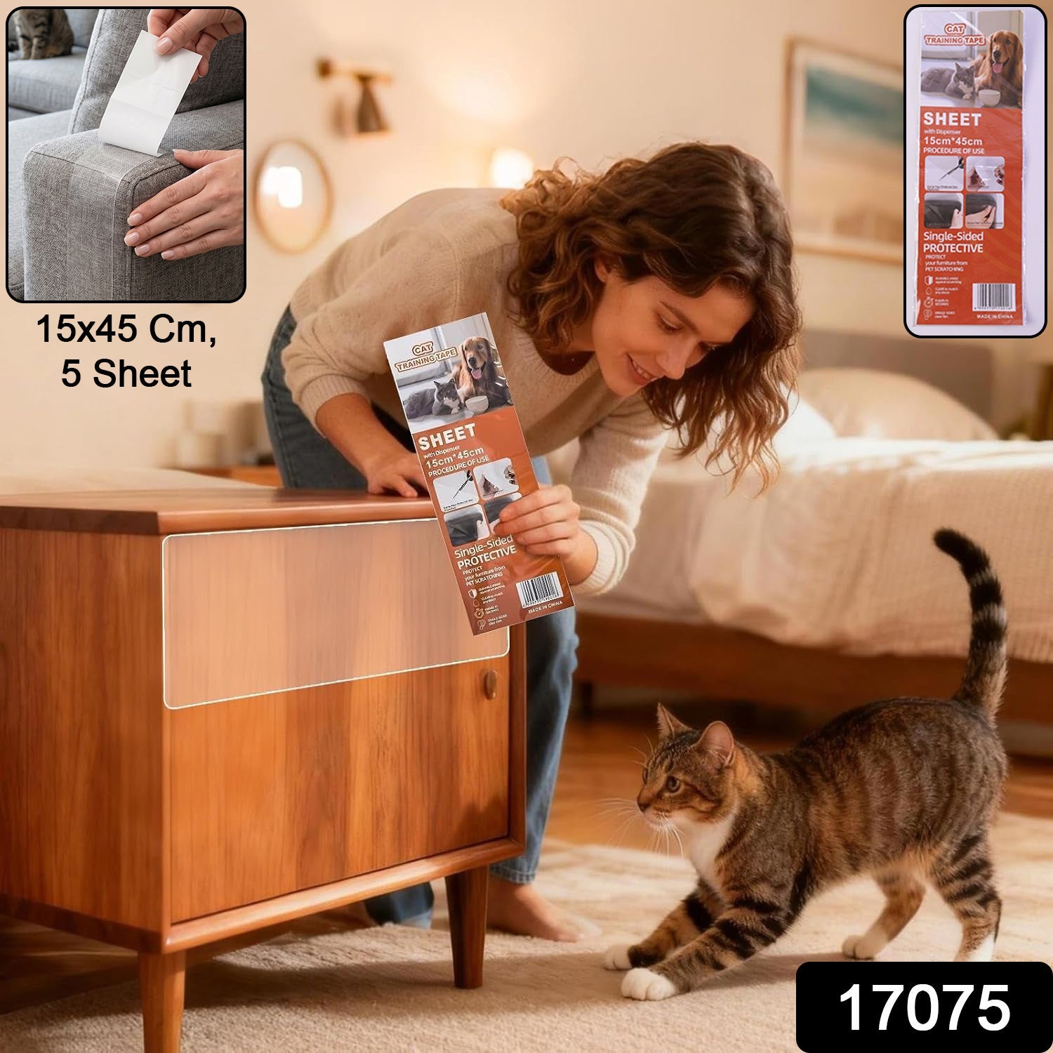 Close-up of clear anti-scratch tape for cats on furniture