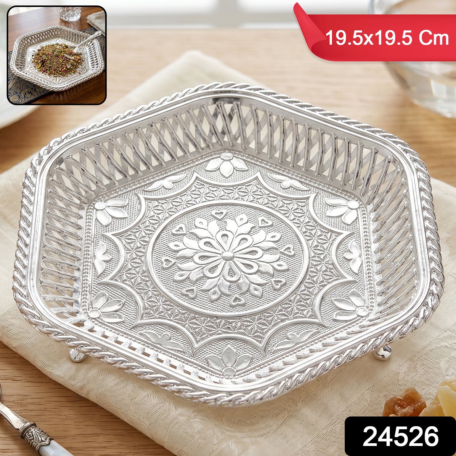Elegant silver serveware tray ideal for dry fruits, sweets, and gifts