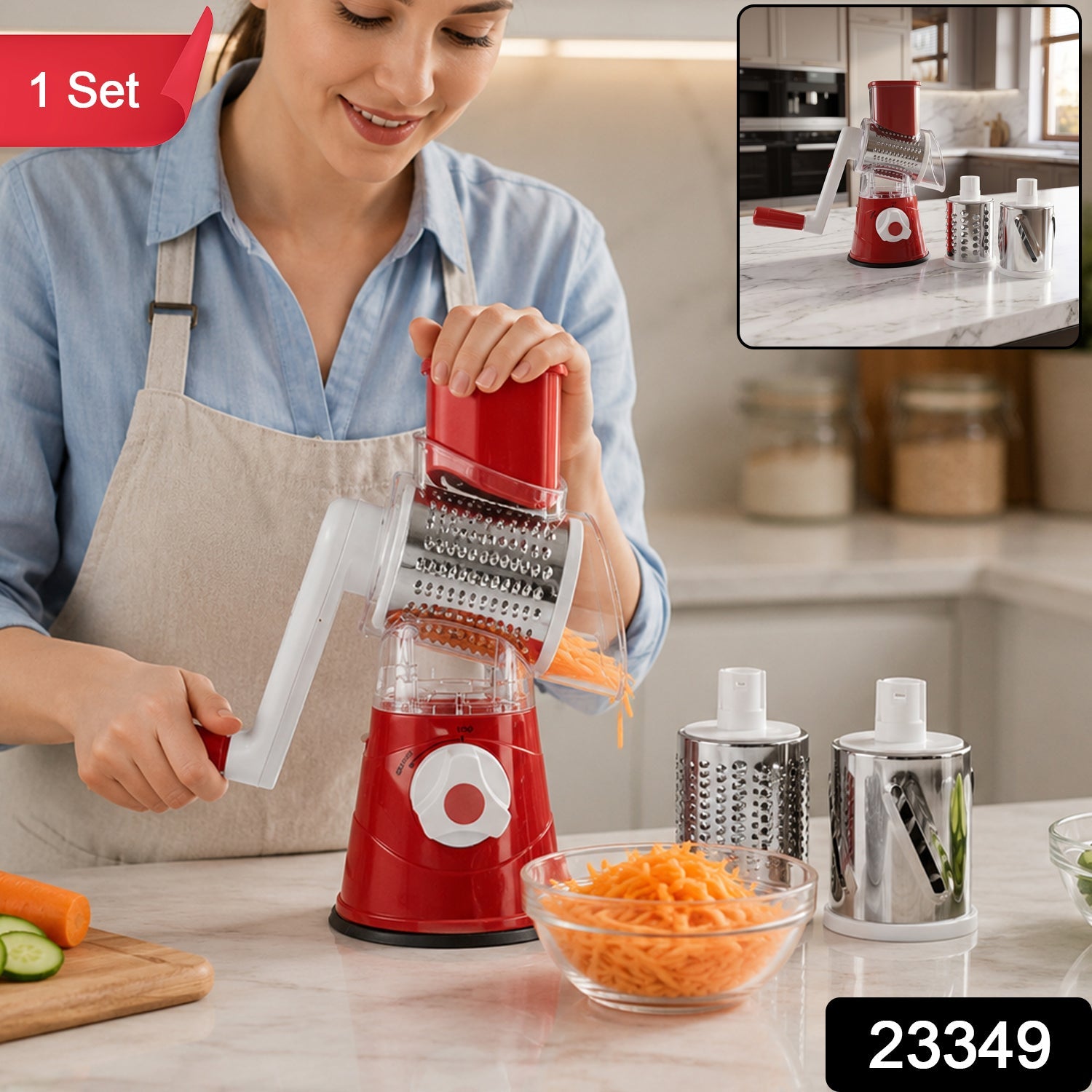 Manual Rotary Drum Grater and Slicer, Stainless Steel 3 Drum Vegetable Cutter (1 Set)