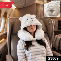 U Shaped Hooded Neck Pillow White Bear Travel Pillow with Hood Cap (1 Pc)