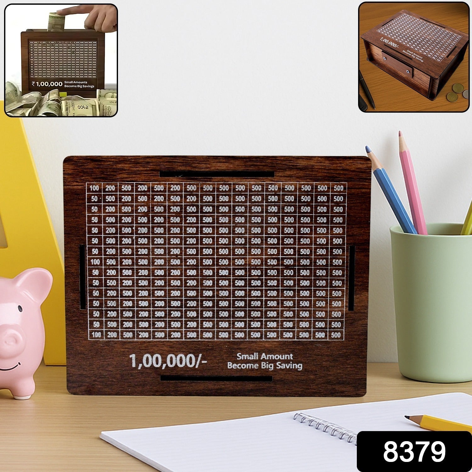 Wooden money box with customizable saving target cards