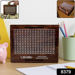 Wooden money box with customizable saving target cards