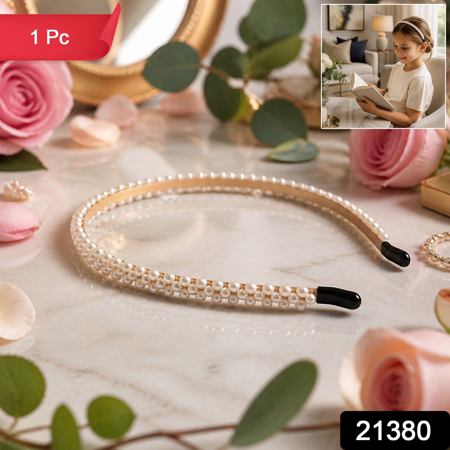 Pearl hairband on a white background, front view