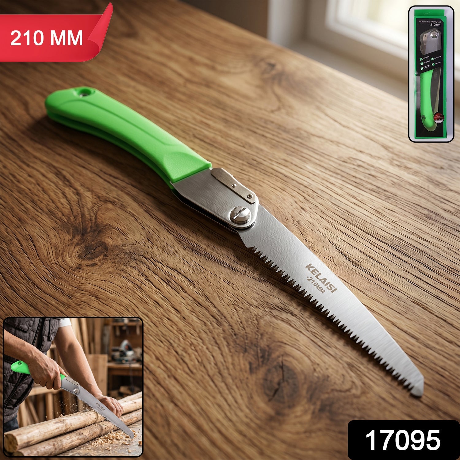 Close-up of sharp stainless steel blade on folding saw for wood and branches