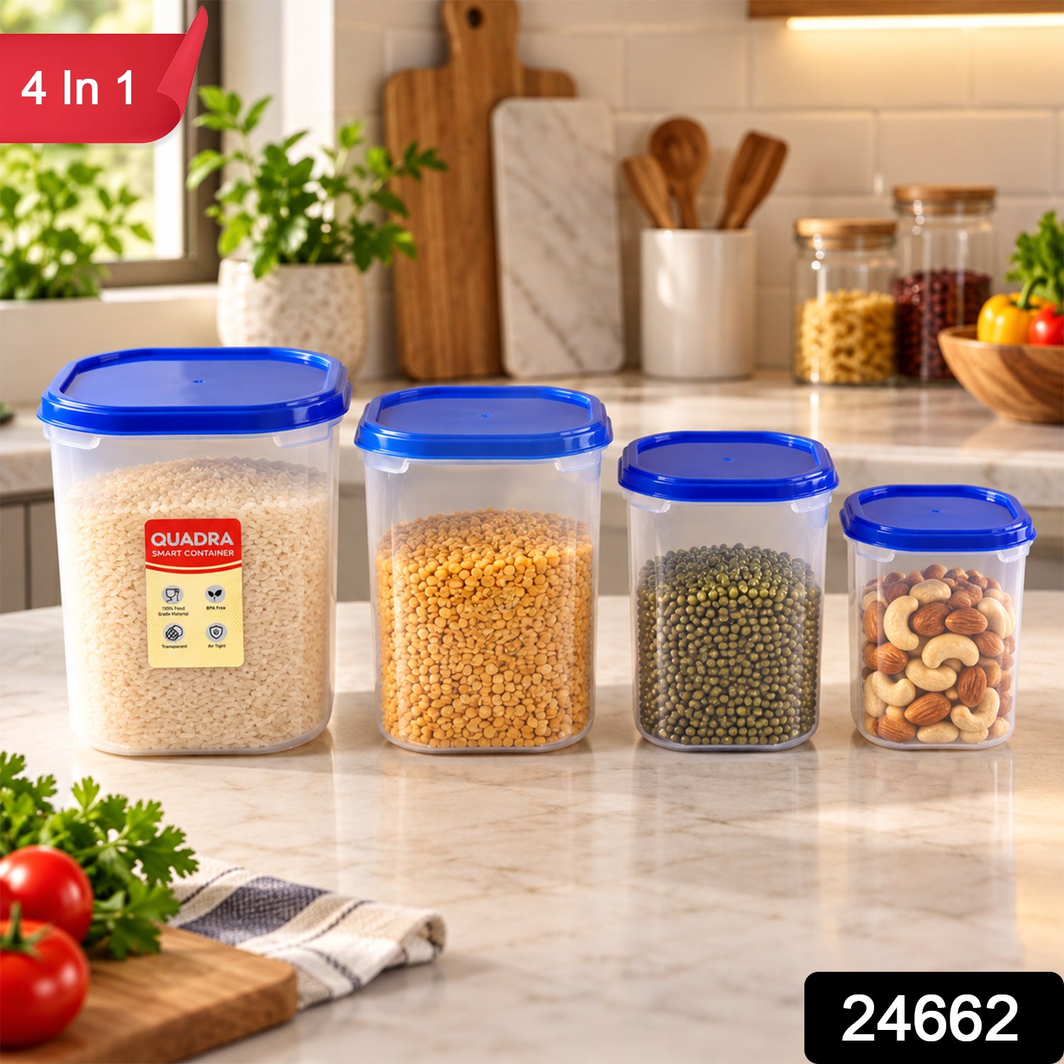 Four clear plastic containers with blue lids, filled with various dry goods, on a kitchen counter with a window behind.