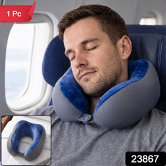 U Shaped Memory Foam Neck Pillow Blue Grey Travel Pillow with Snap (1 Pc)