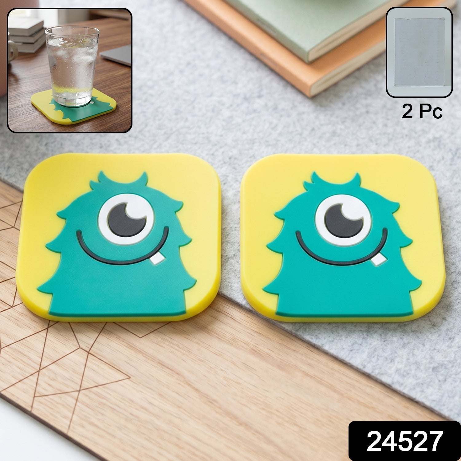 Set of two heat-resistant silicone coasters featuring playful monster designs.