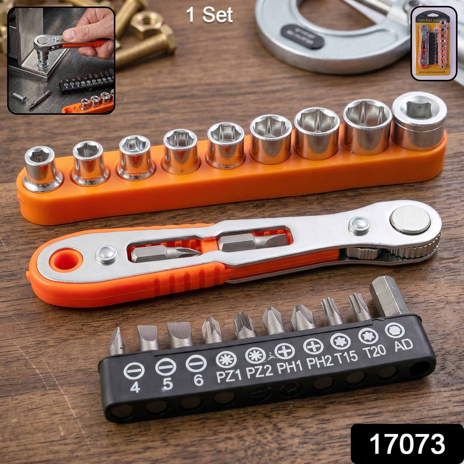 Close-up of mini ratchet wrench with multiple socket sizes and bits