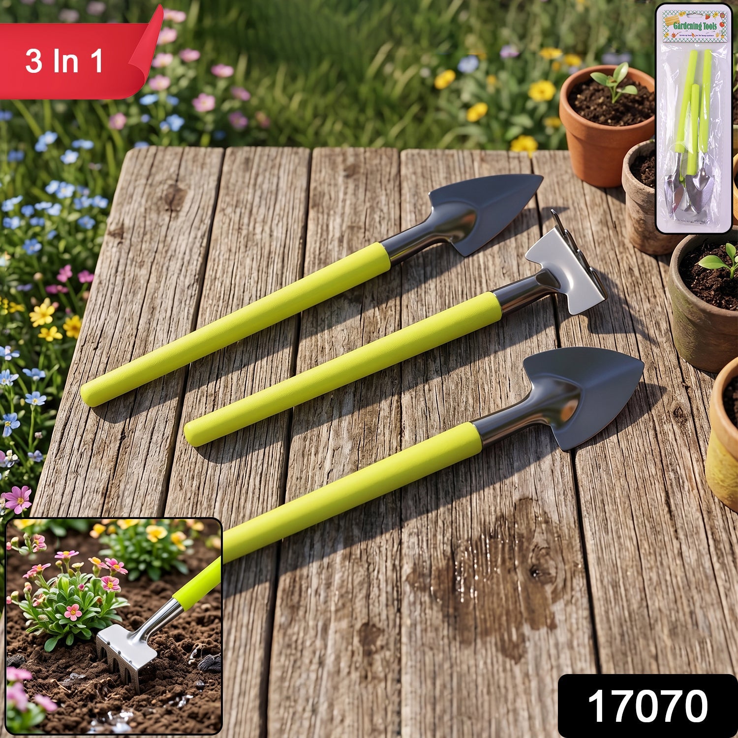 Close-up of mini gardening hand tools with steel heads and plastic handles