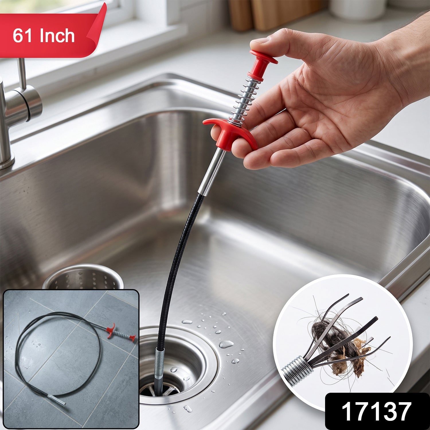Flexible drain snake with claw grabber tip, 1 piece