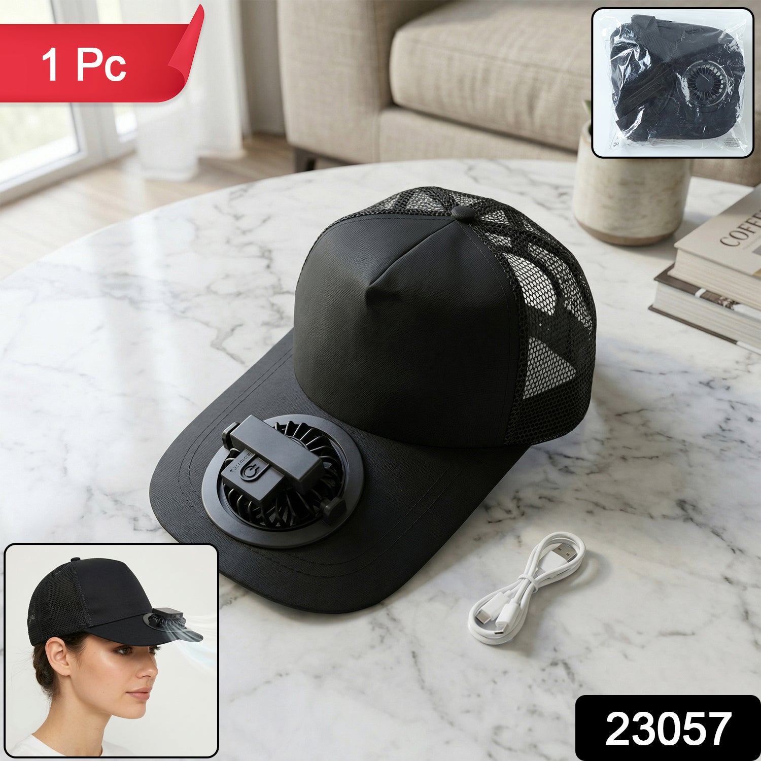 Portable USB Rechargeable Cooling Cap with Built in Mini Fan (1 Pc )