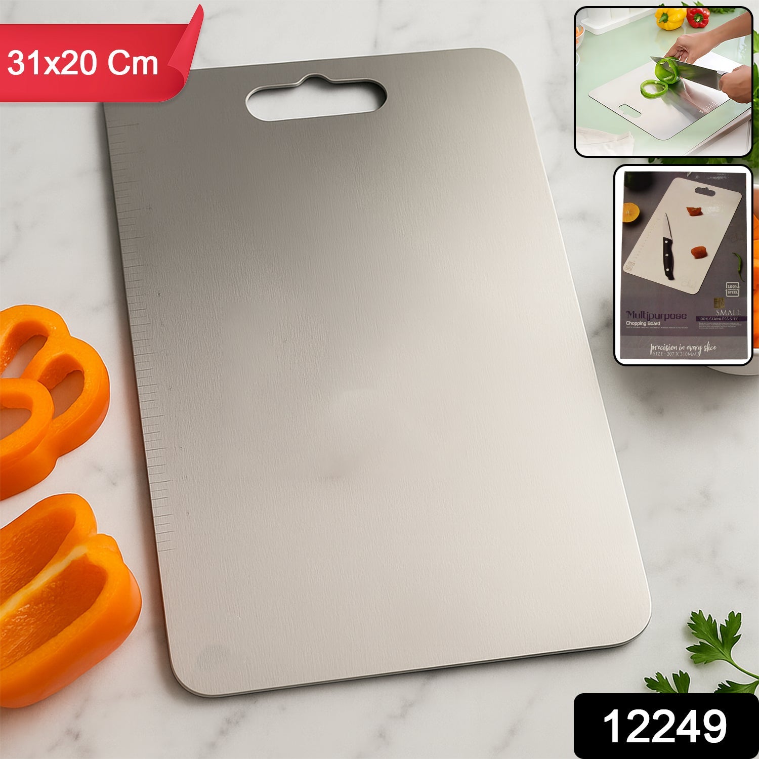 Stainless Steel Cutting Board in use with vegetables