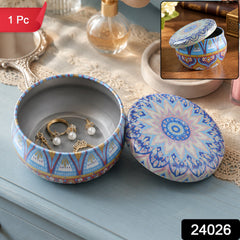 Metal Mandala Tin Box, Decorative Round Container for Candle and Trinkets (1 Pc)