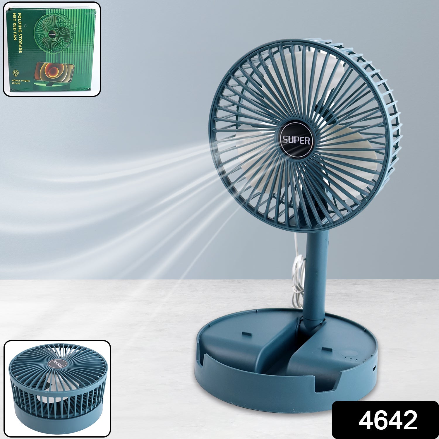Blue table fan on desk