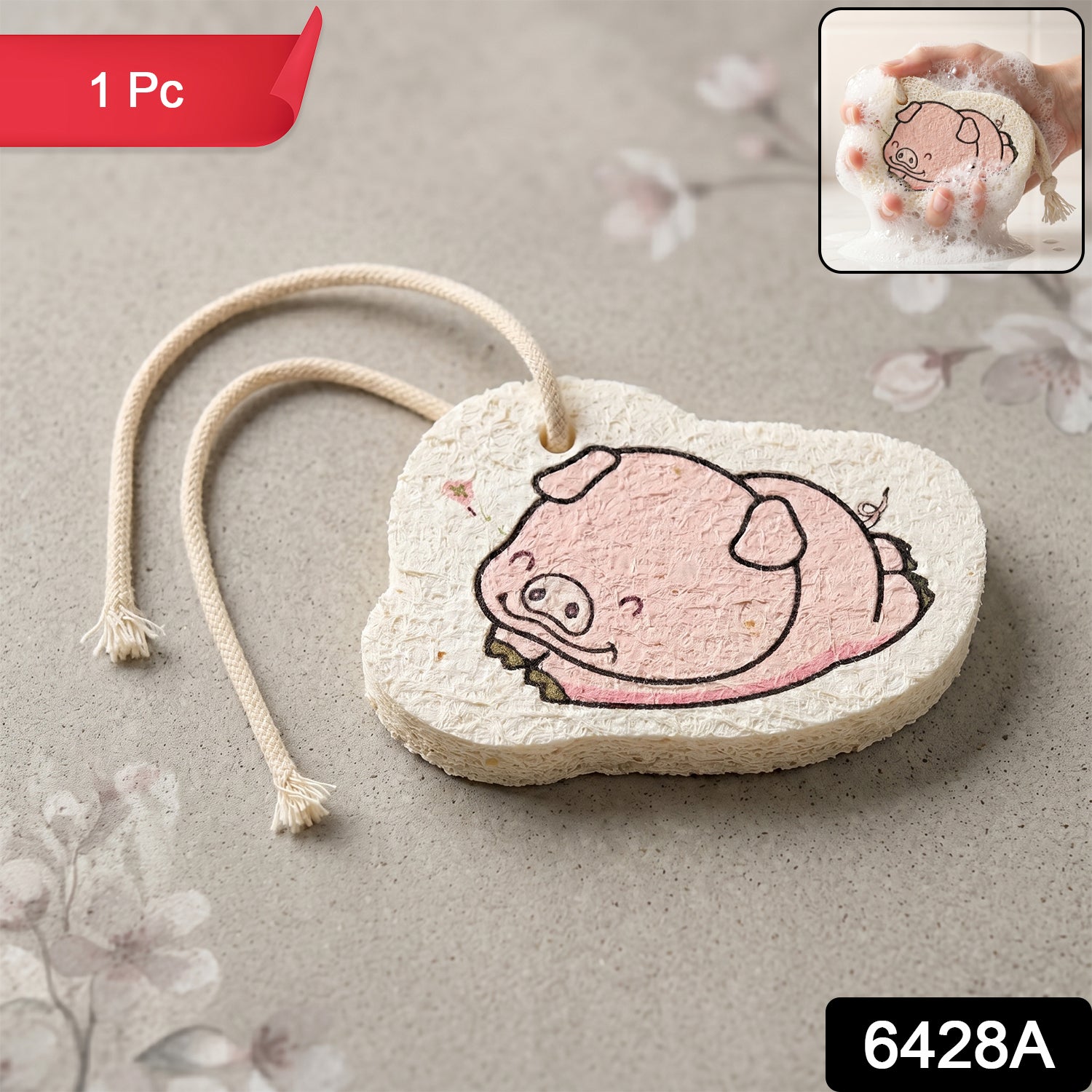 Close-up of a cartoon bath scrubber sponge with hanging rope