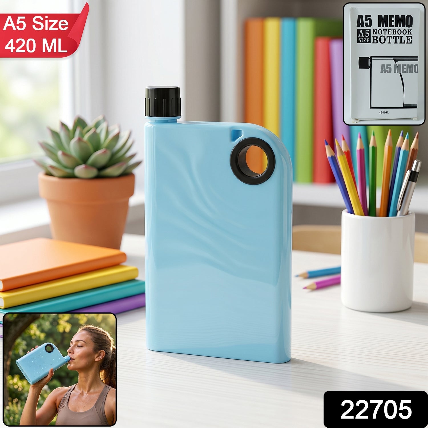 A5 Memo Shape Water Bottle 420 ML Slim Flat Portable (1 Pc)