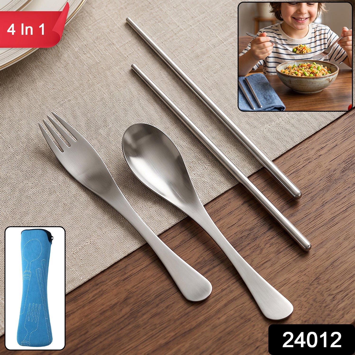 4-in-1 Portable Cutlery Set with Pouch, Steel Spoon Fork and Chopsticks (1 Set)