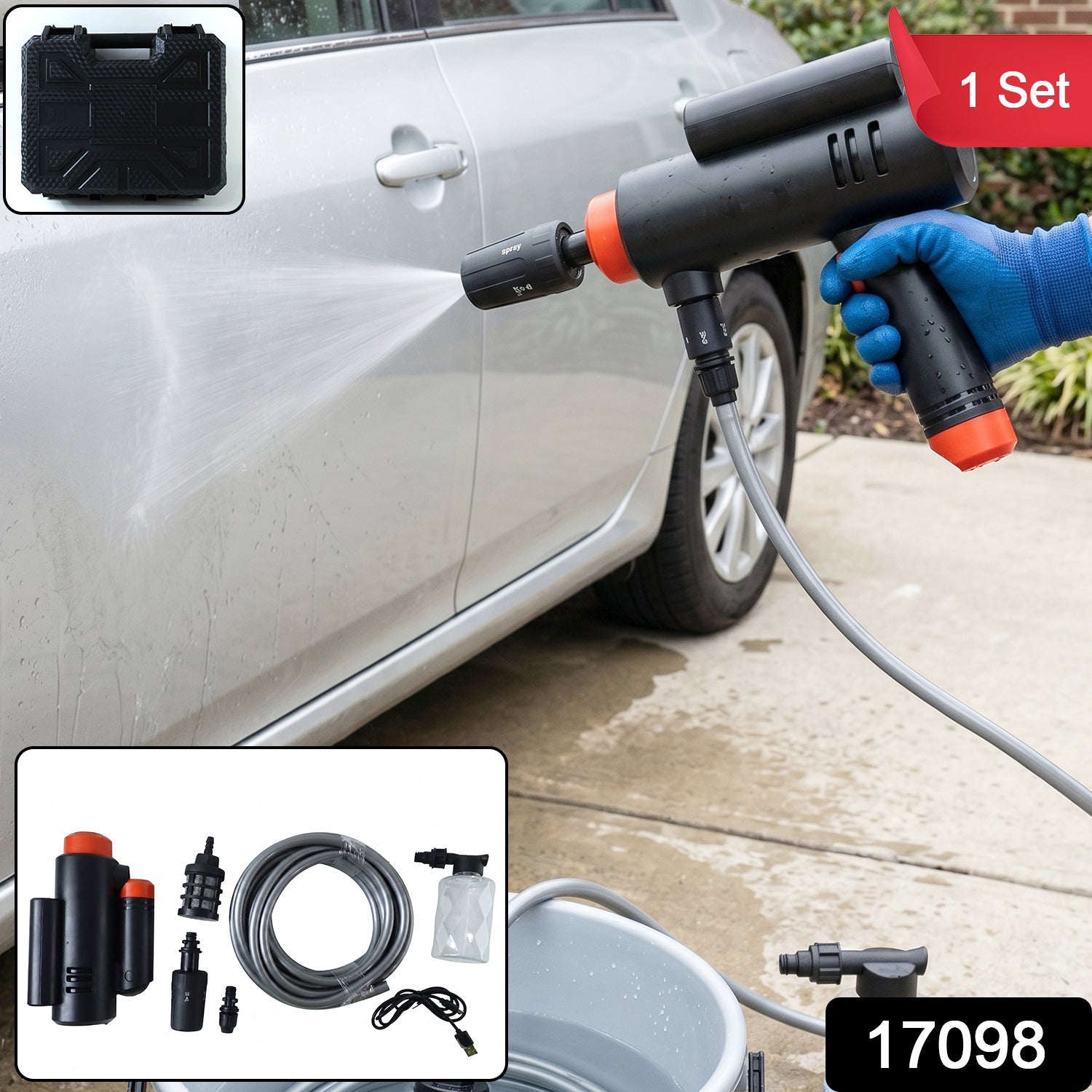 Complete cordless car washer kit including spray gun, hose, foam bottle, and carry case.