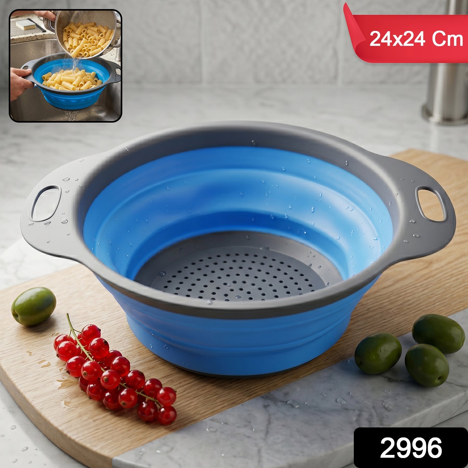 Folded silicone colander showing space-saving design in kitchen.