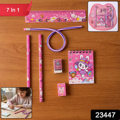 7-In-1 Cute Pink Stationery Set with Ruler, Pencil, Eraser, Notebook, Sharpener