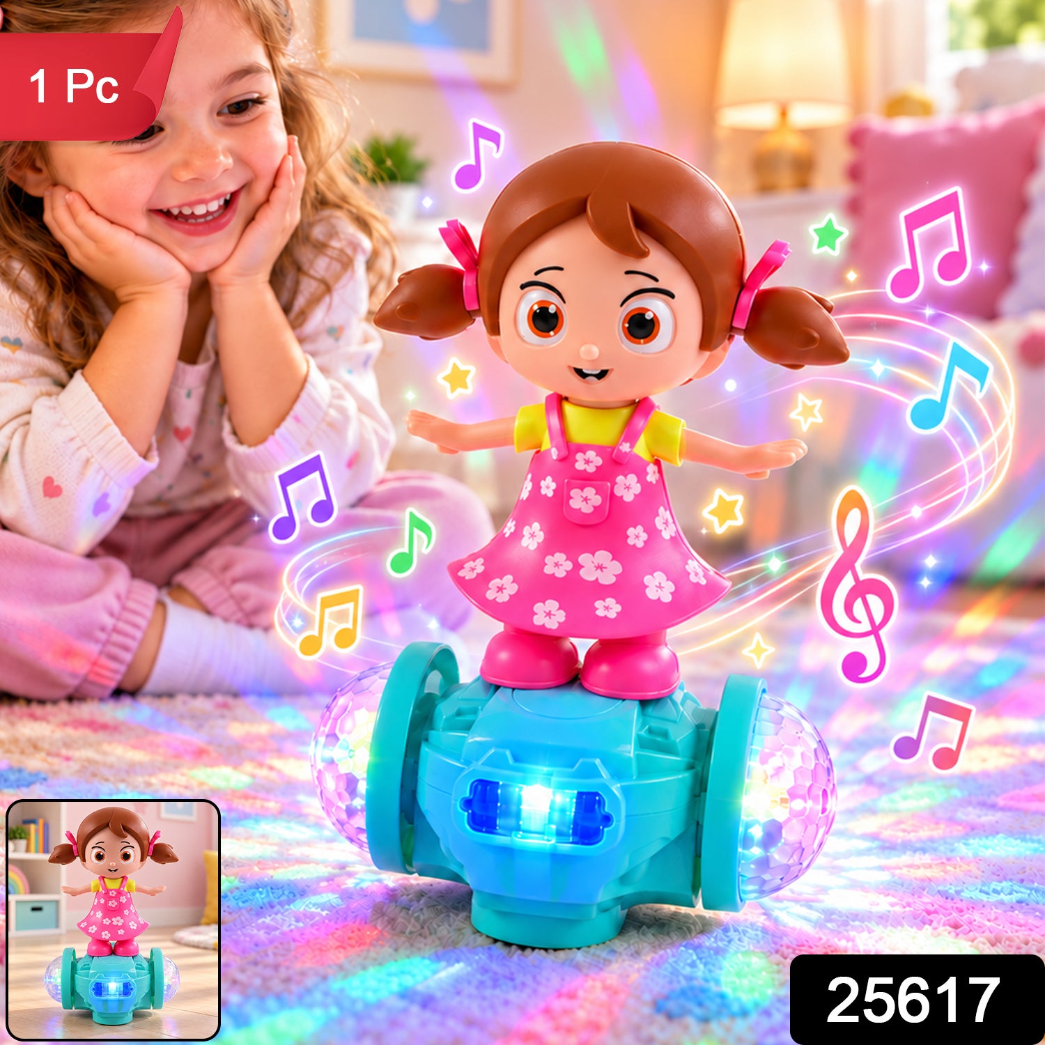 A girl smiles while observing a dancing doll toy with vibrant LED light projections on the floor.