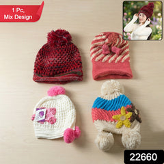 Cute Winter Woolen Knitted Caps for Men & Women (1 Pc, Mix Design)