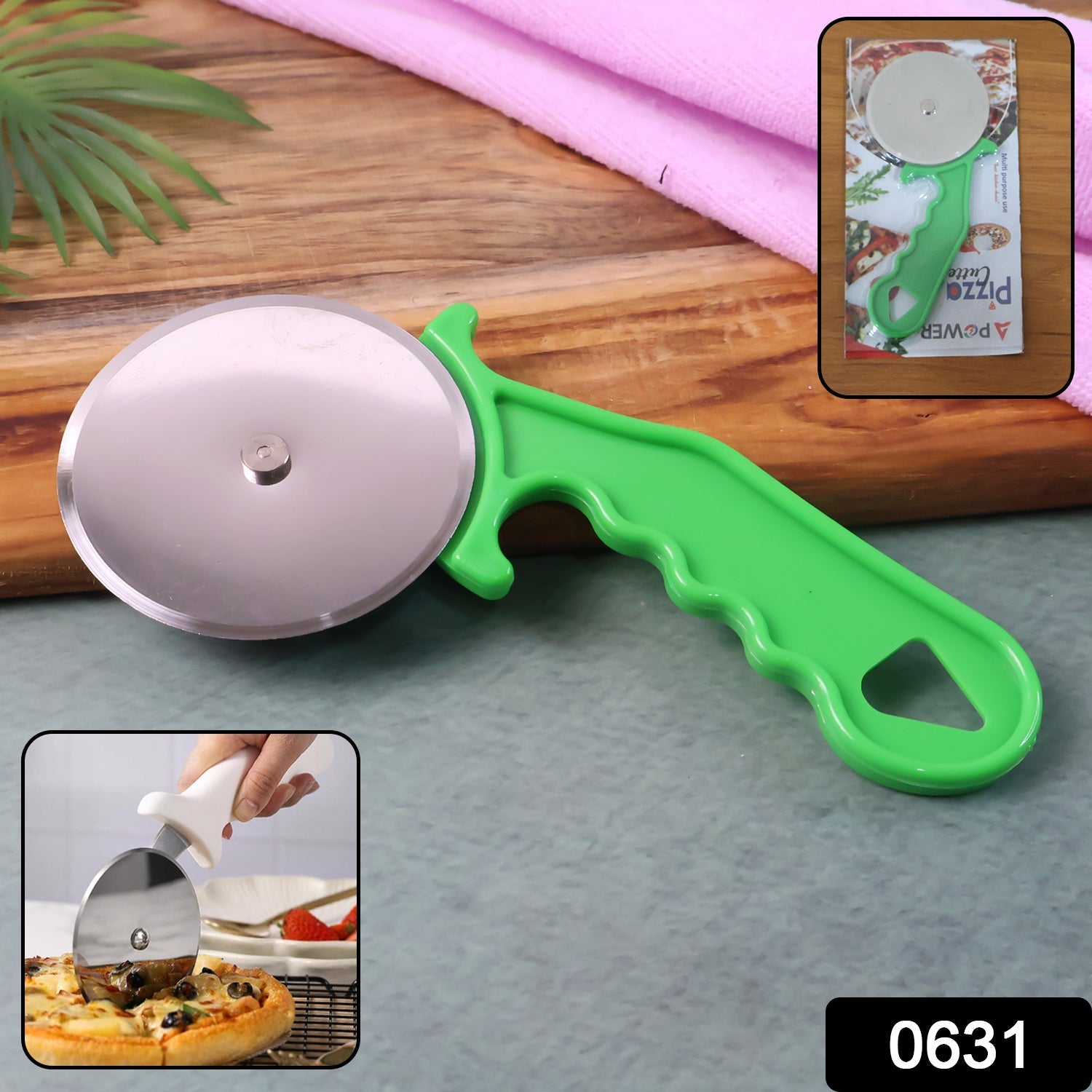 Close-up of Quickslice pizza cutter wheel & ergonomic handle