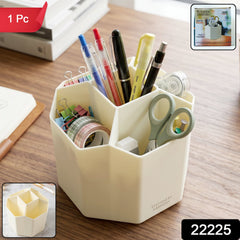 Side view of cream rotating stationery caddy with octagonal shape and multiple sections