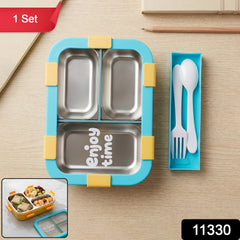Airtight 3 Compartment Stainless Steel Lunch Box with Spoon & Fork – 600ml