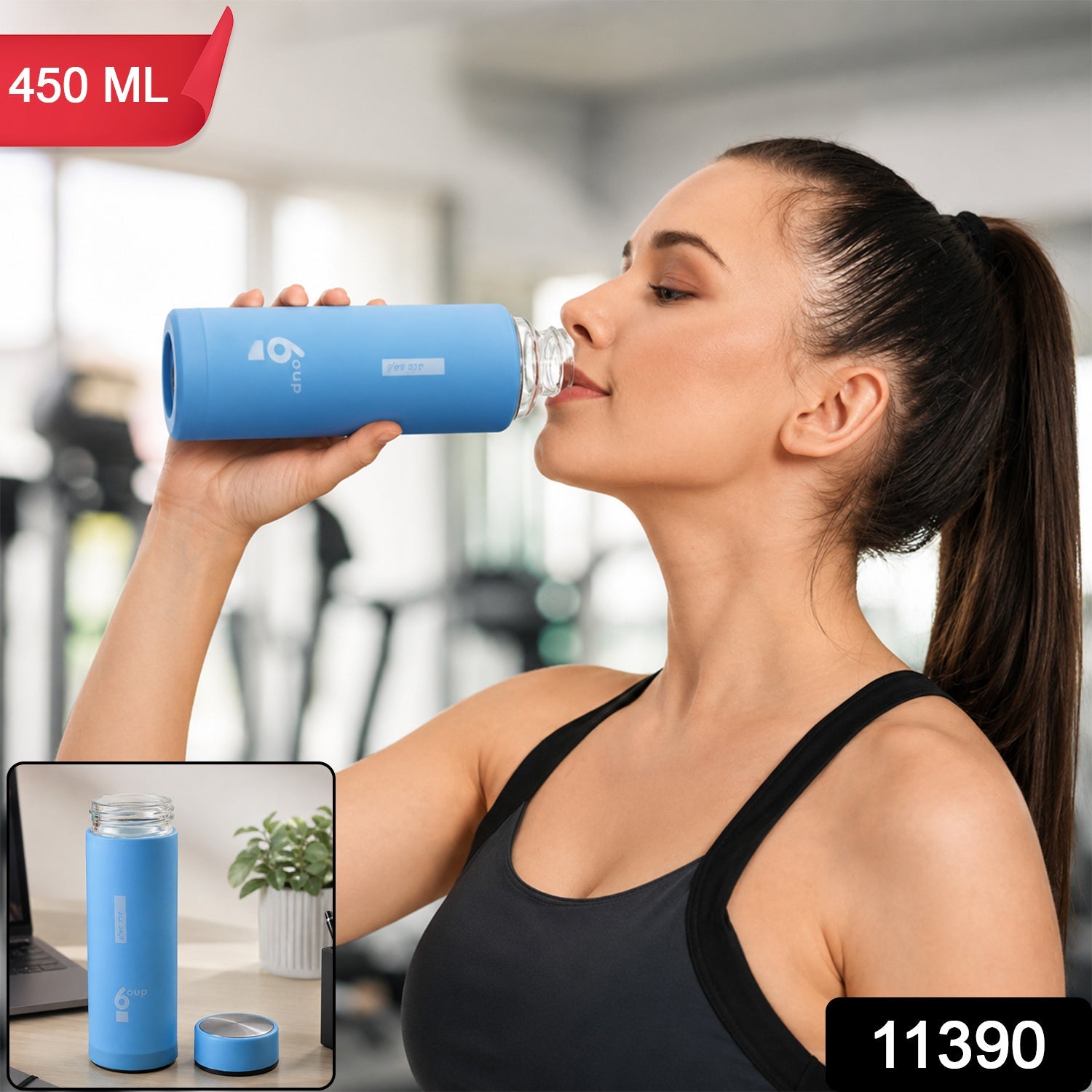 Premium glass drinking water bottle with sleeve, 1 piece