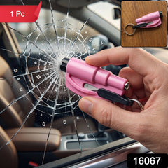 A hand uses a pink emergency tool to shatter a car window, with a "1 Pc" label in the corner and a small inset image.