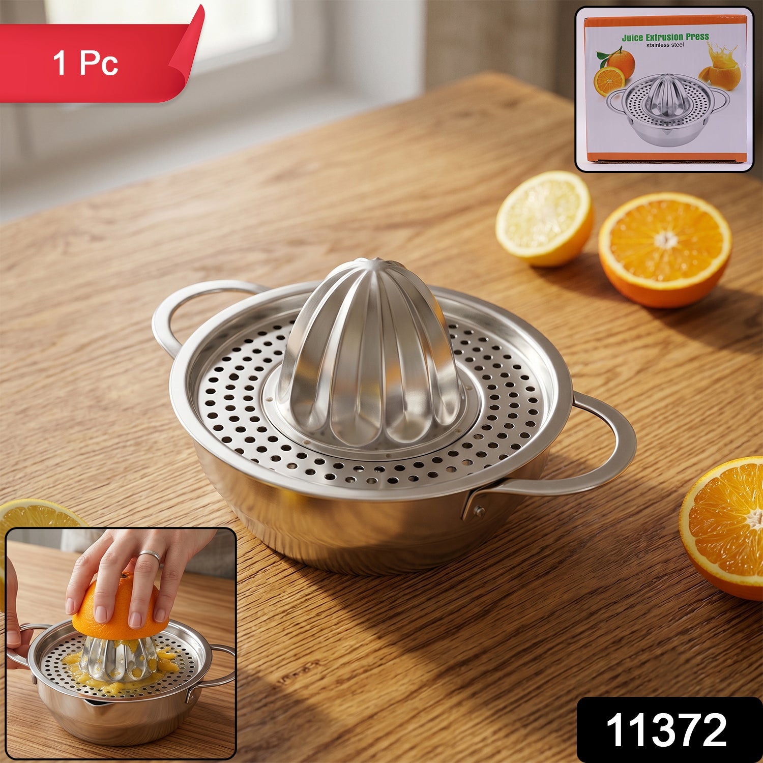 Front view of the durable stainless steel citrus juicer with a sleek design.