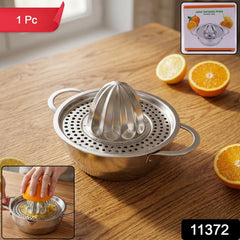 Front view of the durable stainless steel citrus juicer with a sleek design.