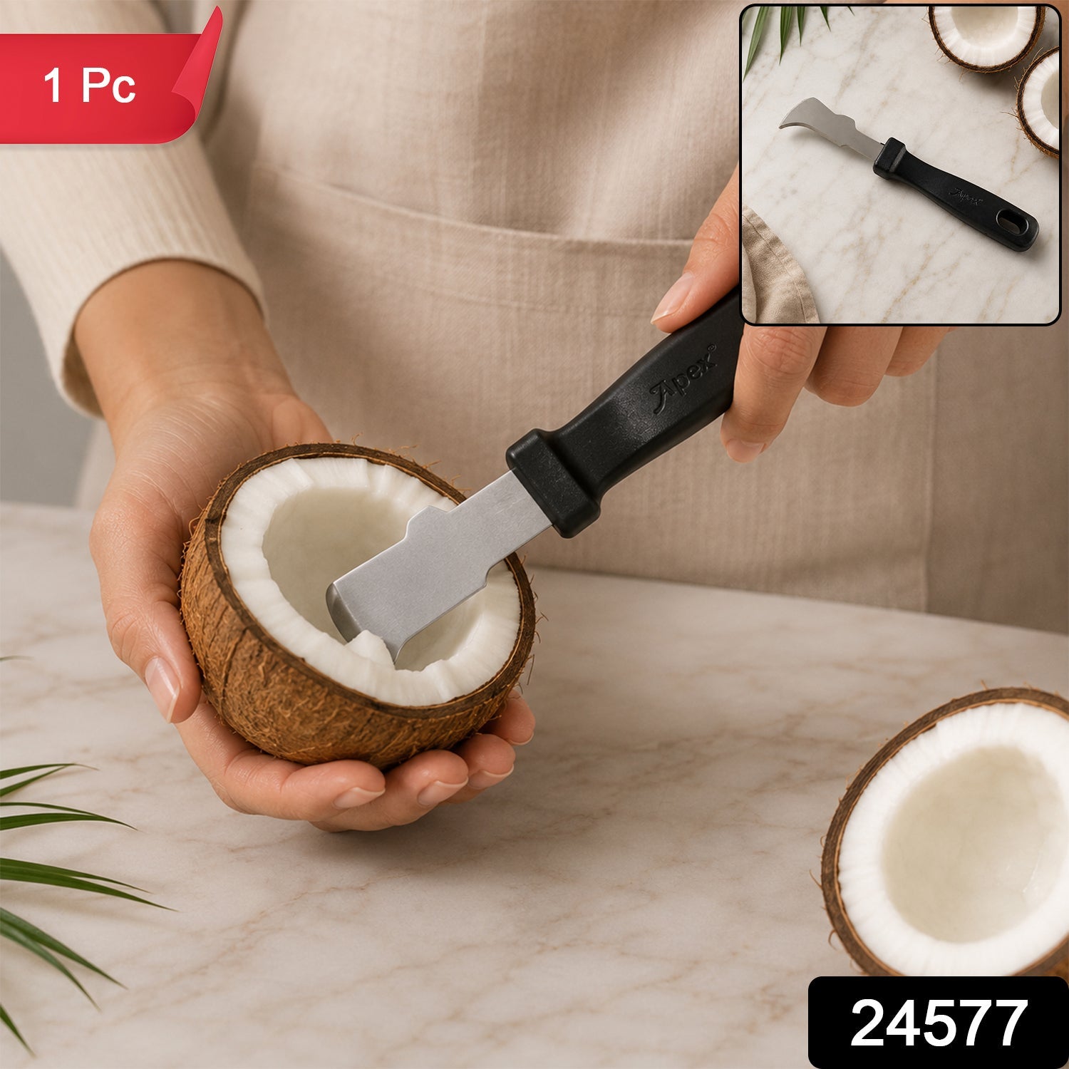 A person uses the Apex tool to remove meat from a halved coconut, with another coconut half nearby, and a red "1 Pc" label.