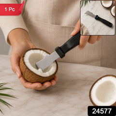 A person uses the Apex tool to remove meat from a halved coconut, with another coconut half nearby, and a red "1 Pc" label.