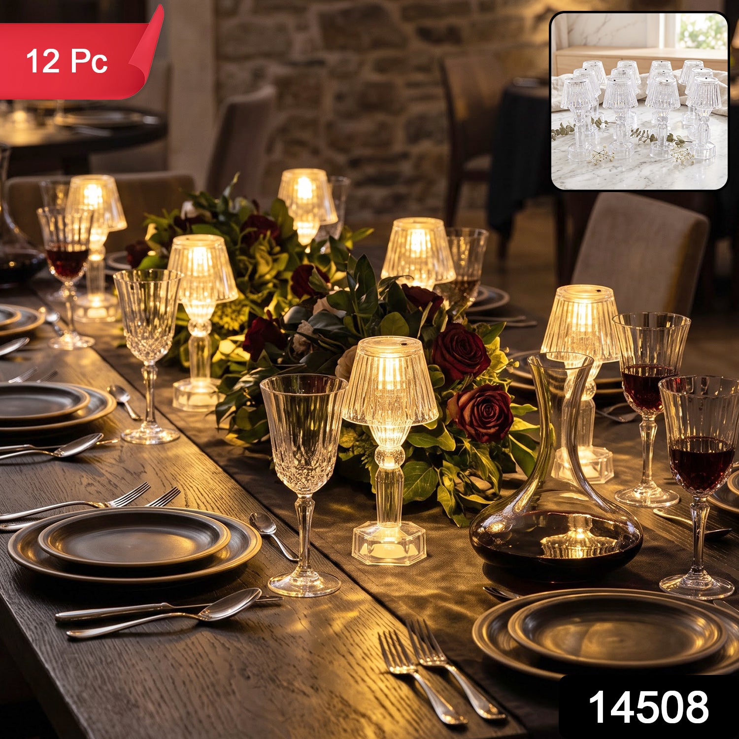 A close-up of a formal dining table with multiple glowing clear acrylic lamps, wine glasses, and a floral centerpiece.