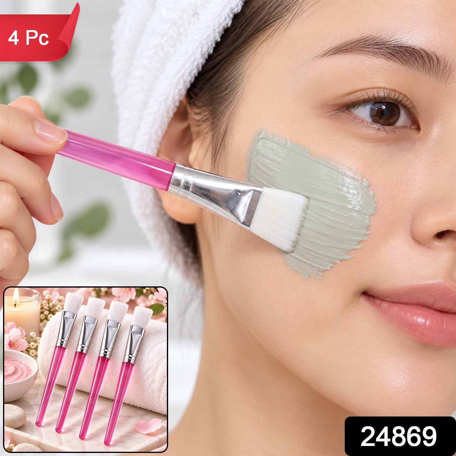 A woman applies a green face mask with a pink brush; a small inset shows four brushes on a white towel with flowers.