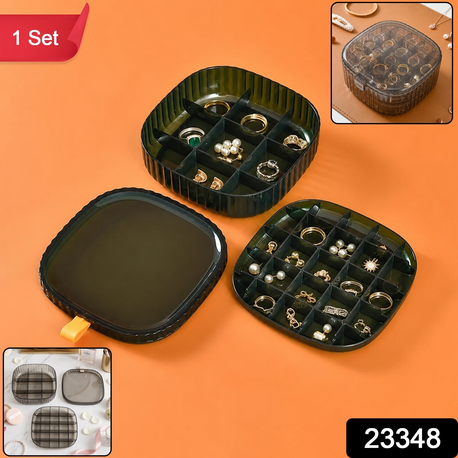 Plastic Multi-Compartment Jewelry Organizer Box, Stackable Ring Storage (1 Set)